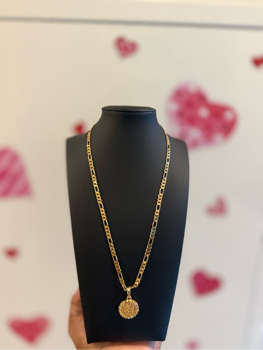 Gold Figaro Chain Necklace with Round Pendant - Women Jewelry